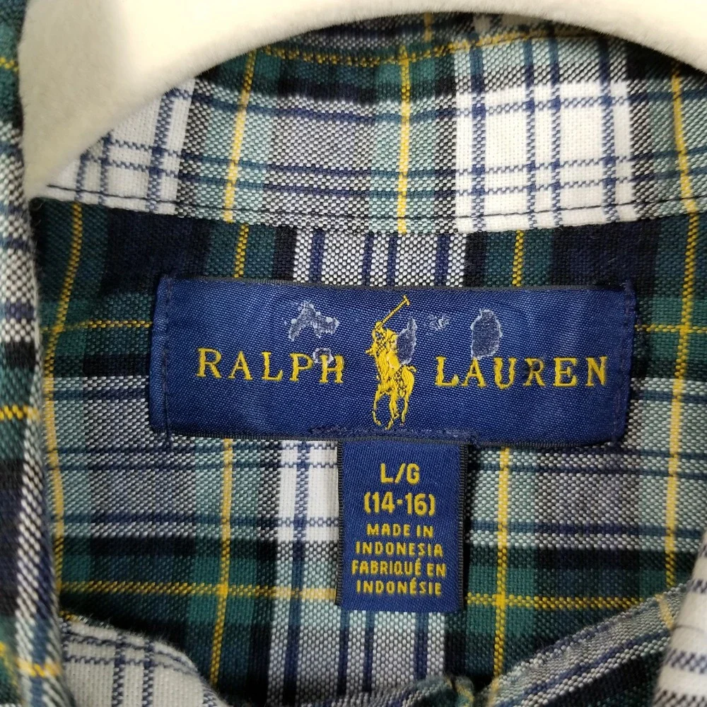 Ralph Lauren Button Up Shirt Boys L Large Green Blue Plaid Pony Long Sleeve Logo
